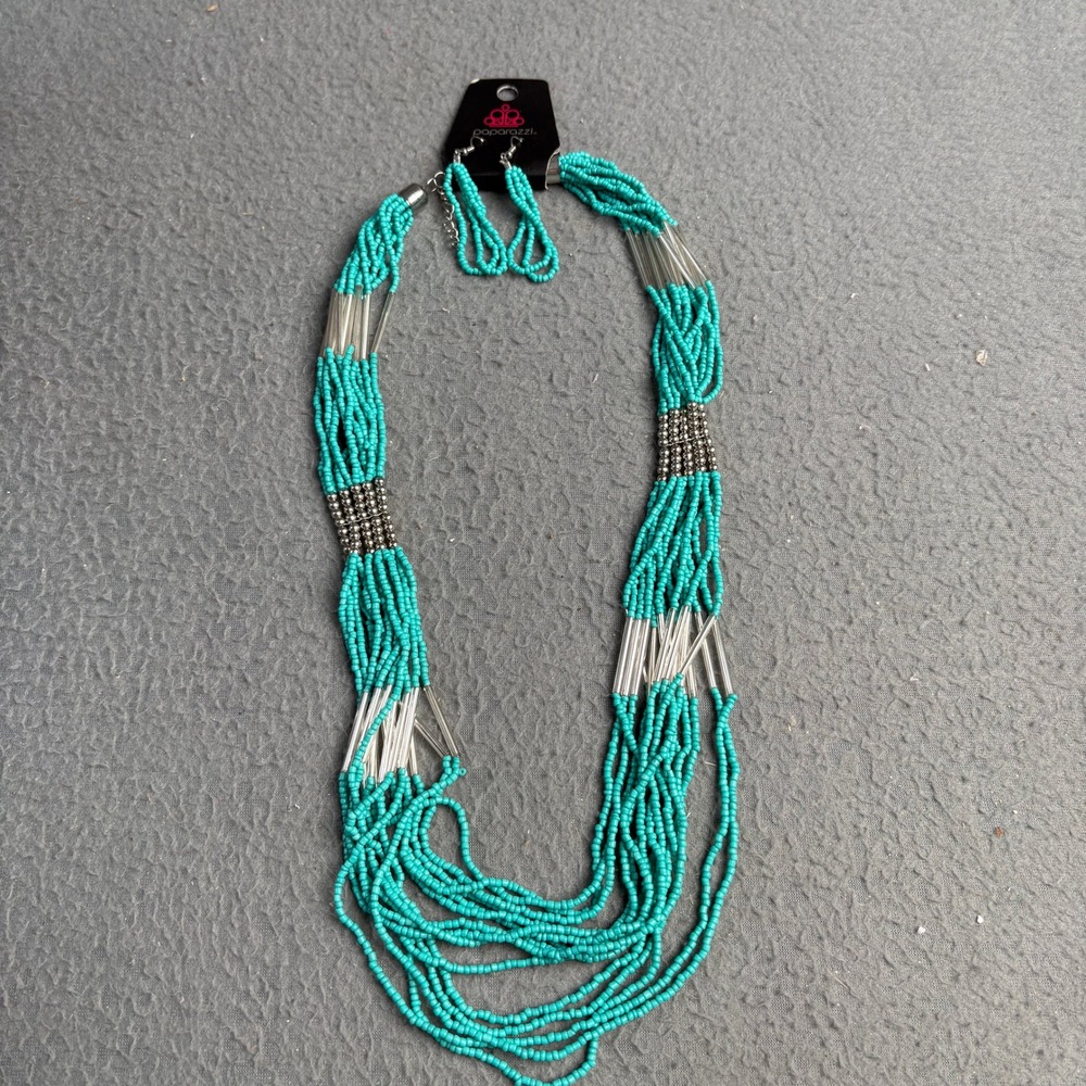 Paparazzi Turquoise Blue Multi Strand Seed Bead Necklace and Earring Set Silver